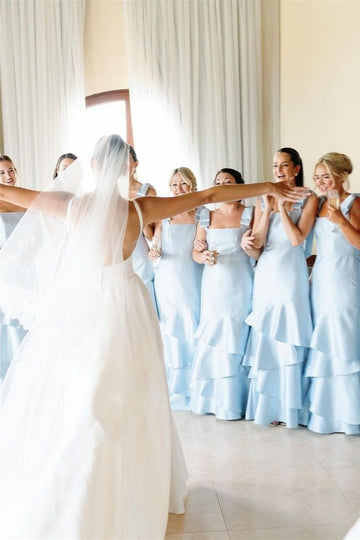 Baby Blue Mermaid Straps Tiered Satin Prom Dress Bridesmaid Dress HZ1023
